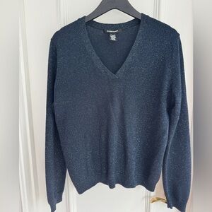 Ellen Tracy Navy Sparkle Metallic V-Neck Sweater - Medium Size Medium